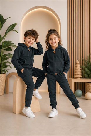 2-6 Yaş Kanguru Cepli Fermuarlı Kapüşonlu Çocuk Takım Unisex Yeşil