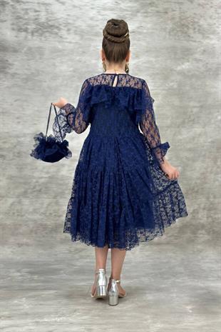 Yağmur Model Güpür Uzun Kol Çanta Dahil Kız Çocuk Elbise Lacivert