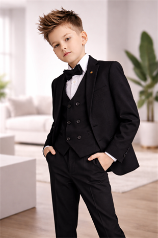 1-16 Yaş Çift Düğme Yelekli Ceketli Erkek Çocuk Takım Elbise Siyah