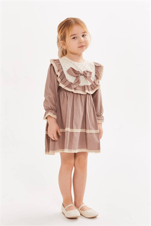 2-8 Yaş Güpür Detay Retro Kız Çocuk Elbise Sütlü Kahve