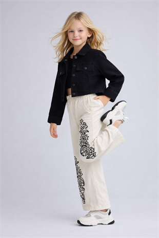 3-12 Yaş Nakış Pantolonlu Gabardin Ceketli Kız Çocuk Takım Siyah