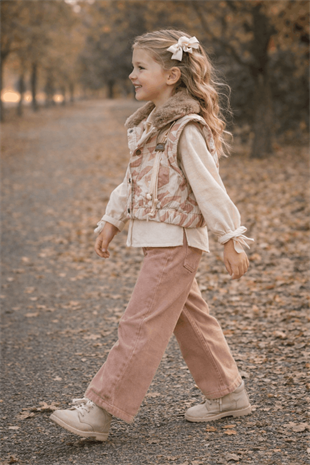 3-6 Premium Yaş Kürk Yakalı Yelekli Kot Pantolonlu 3lü Kız Takım Pudra