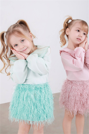 2-8 Yaş Etekleri Püsküllü Kız Çocuk Takım Su Yeşili