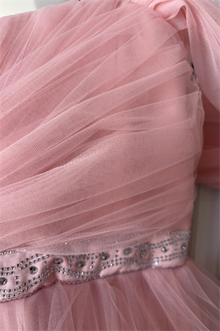 10-15 Yaş Miona Beli Taşlı Kat Kat Kız Çocuk Abiye Elbise Pudra