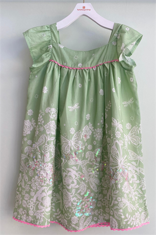 4-8 Yaş Payet Detay Biyeli Çiçekli Elbise Yeşil