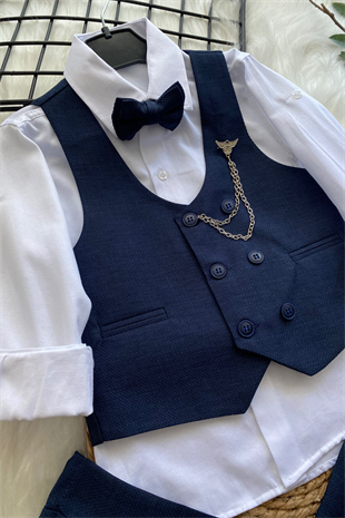 Zincir Detay Çift Düğmeli Erkek Çocuk Takım Elbise Lacivert