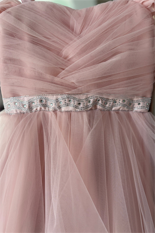 10-15 Yaş Miona Beli Taşlı Kat Kat Kız Çocuk Abiye Elbise Pudra