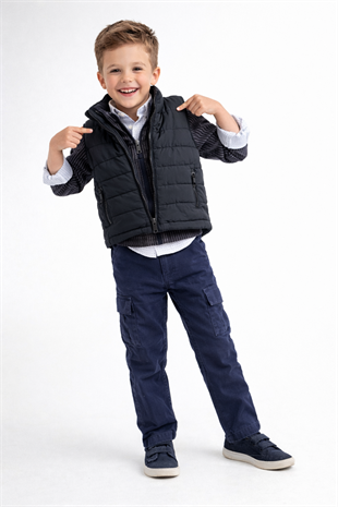 2-9 Yaş Premium Çizgi Detay Şişme Yelekli Pantolonlu 4lü Erkek Çocuk Takım Lacivert