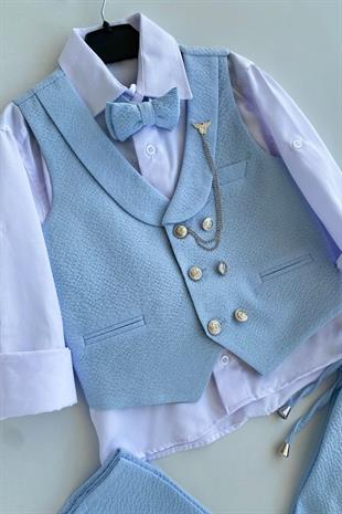 Gofre Lord Yelekli Erkek Çocuk Takım Elbise Bebe Mavi