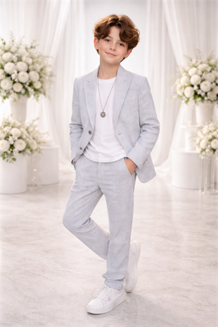 3-14 Yaş Vega Premium Çizgili Kolyeli Keten Çocuk Takım Elbise Mavi