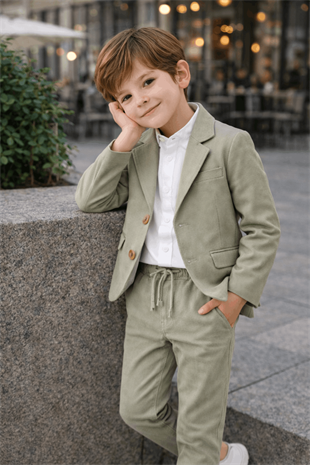 2-5 Yaş Nona Ceketli Keten Gömlekli Erkek Takım Elbise Çağla Yeşili