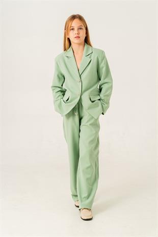 4-15 Yaş Blazer Ceketli Kız Çocuk Takım Yeşil