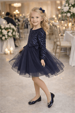 4-12 Yaş Grenli Kadife Payetli Kız Çocuk Abiye Elbise Lacivert