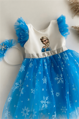 Kar Taneli Taç Dahil Elsa Çocuk Elbise Mavi 