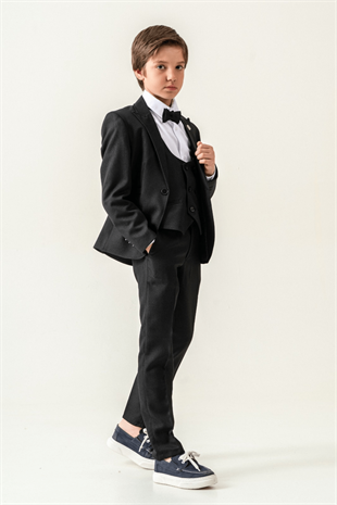 Premium Seri Mendilli Yelekli Ceketli Çocuk Takım Elbise Siyah