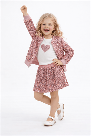 4-10 Payet Ceket ve Şort Etekli 3lü Kız Çocuk Takım Gül Kurusu