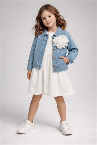 6-9 Yaş Kot Ceketli Kız Çocuk Elbise Beyaz