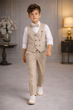 Zincir Detay Çift Düğmeli Erkek Çocuk Takım Elbise Krem