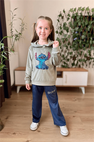 3-10 Yaş Stitch Kadife Kız Çocuk Takım Haki