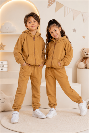 6-10 Yaş Kanguru Cepli Fermuarlı Kapüşonlu Çocuk Takım Unisex Hardal
