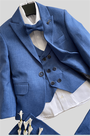 Yeleği Katlamalı Ceketli Rozetli Takım Elbise İndigo Mavi 