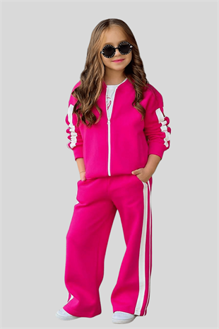 5-14 Yaş Candy Pretty Şeritli Kız Çocuk Takım Fuşya