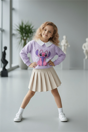 2-10 Yaş Angel Karakter Pilise Etekli Kız Çocuk Takım Mor
