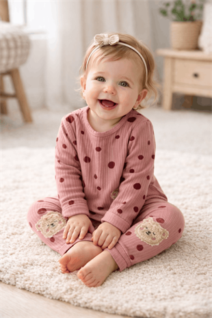 6-18 Ay Fitilli Puanlı Kız Bebek Takım Gül Kurusu