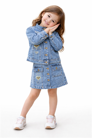 2-5 Yaş Lüx Love Taşlı Kot Ceket Badi ve Kot Etekli Kız Takım Mavi