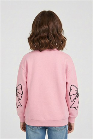 4-9 Yaş Büyük Fiyonklu Baskılı Kız Çocuk Sweat Pembe