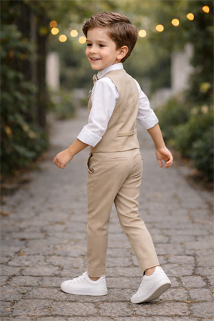 Smart Katlamalı Yelekli Çocuk Takım Elbise Latte