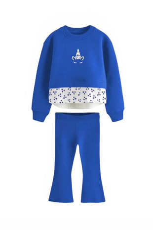 2-8 Yaş Unicorn Çiçek Detay İspanyol Kız Çocuk Takım Mavi