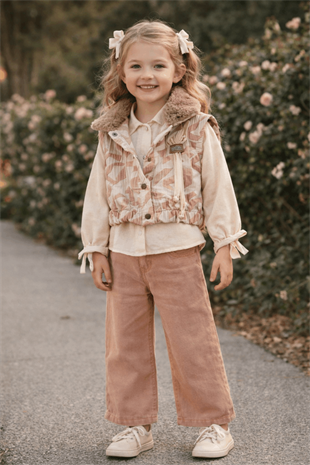 3-6 Premium Yaş Kürk Yakalı Yelekli Kot Pantolonlu 3lü Kız Takım Pudra