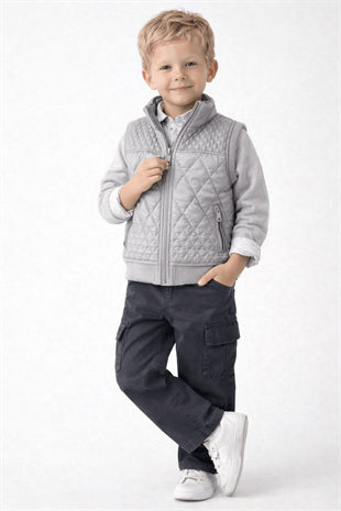 2-9 Yaş Premium Baklava Desen Şişme Yelekli Pantolonlu 4lü Erkek Çocuk Takım Gri