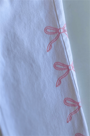 5-12 Yaş Kurdela Nakışlı Kız Çocuk Kot Pantolon Beyaz