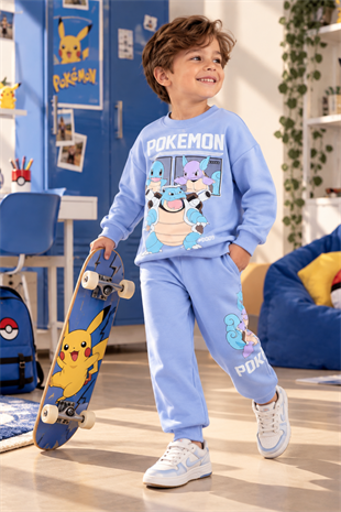 3-10 Yaş Pokemon Sevimli Çocuk Erkek Eşofman Takımı Mavi