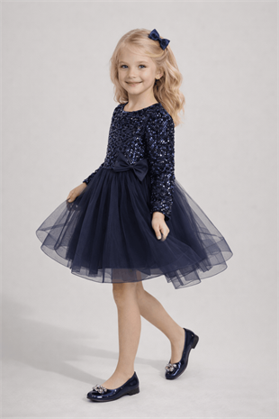4-12 Yaş Grenli Kadife Payetli Kız Çocuk Abiye Elbise Lacivert