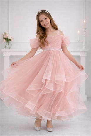 10-15 Yaş Miona Beli Taşlı Kat Kat Kız Çocuk Abiye Elbise Pudra