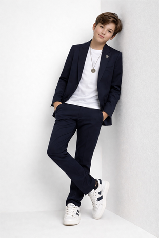 3-14 Yaş Oscar Tişörtlü Kolyeli Erkek Çocuk Takım Elbise Mezuniyet Lacivert