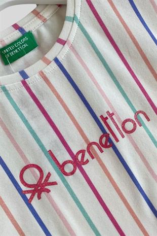 4-14 Yaş Benetton Kolları Fırfırlı Çizgili Kız Çocuk Tshirt Beyaz