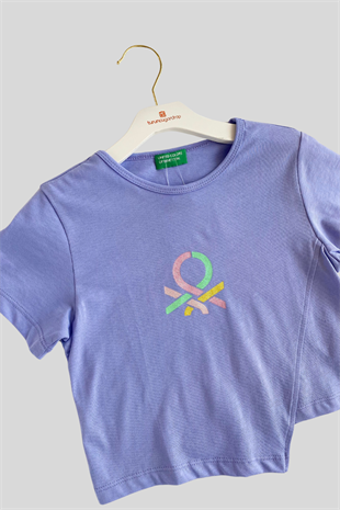 4-14 Yaş Benetton Sim Baskı Asimetrik Detay Kız Çocuk T-shirt Lila