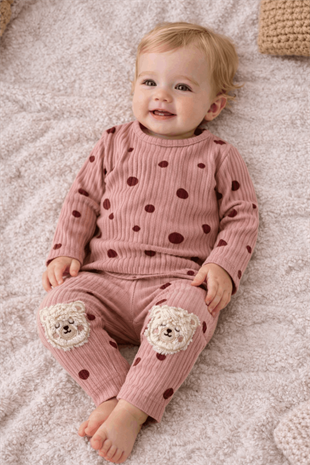 6-18 Ay Fitilli Puanlı Kız Bebek Takım Gül Kurusu