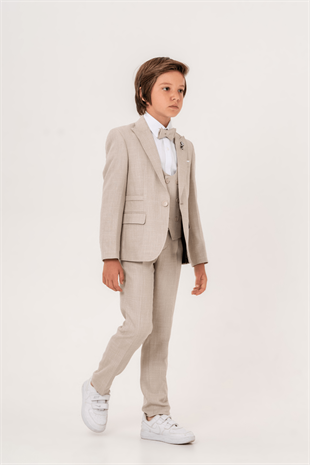 Premium Seri Mendilli Yelekli Ceketli Çocuk Takım Elbise Latte