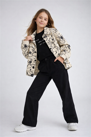 9-14 Yaş Gül Baskılı Ceketli Gabardin Kız Çocuk Takım Siyah