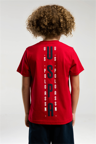 9-15 Yaş U.S Polo Lisanslı Sırt Dikey Baskı Şortlu Erkek Çocuk Takım Kırmızı