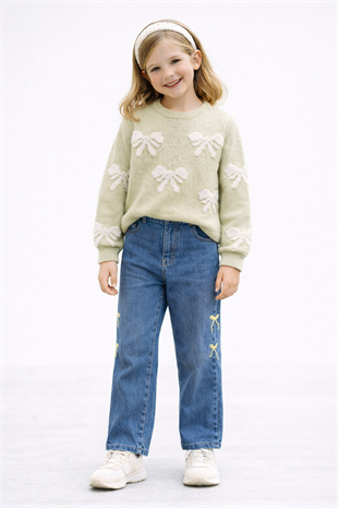 3-7 Yaş Fiyonk Nakışlı Triko Kazak ve Kot Pantolon Kız Takım Yeşil