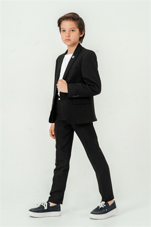 3-14 Yaş Gofre Rozetli Tişörtlü Çocuk Takım Elbise Siyah