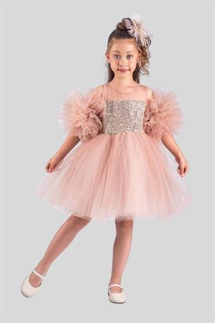 Tak Çıkar Kol Detay Payetli Fiyonklu Toka Dahil Elbise Somon