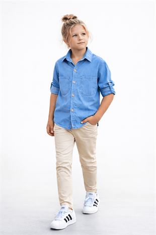 3-12 Yaş Tensel Gömlekli Gabardin Pantolonlu Çocuk Takım Mavi