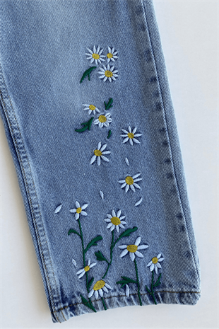 5-12 Yaş Çiçek nakışlı Kız Çocuk Kot Pantolon Mavi